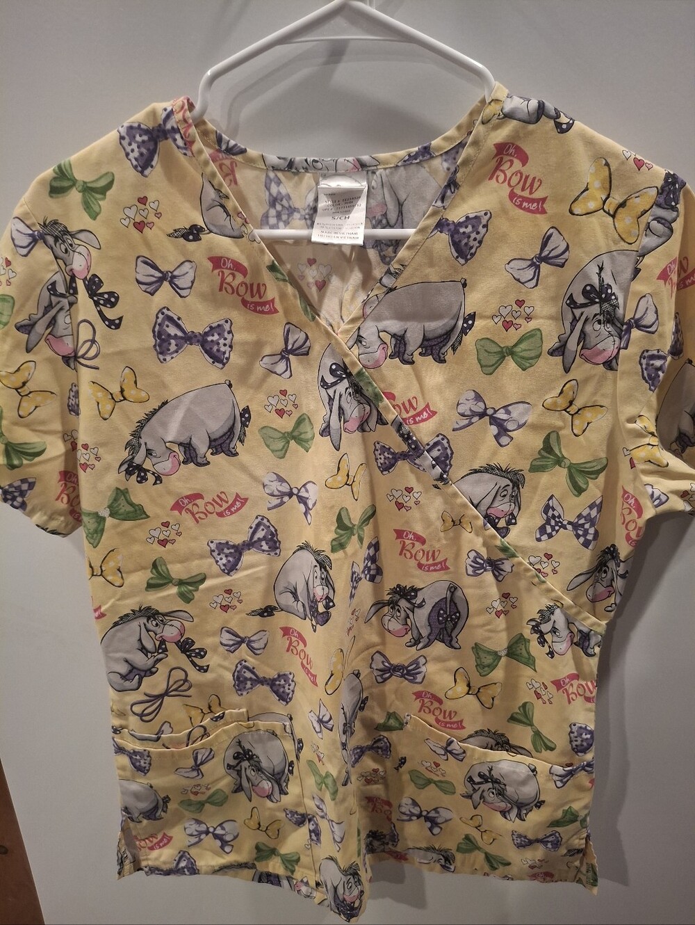 Womens Scrub Top Yellow Eeyore Bow Print Top